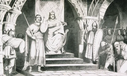 Korunovace Childericha II. (670-720), z knihy „Histoire de France“ od Colarta, vydáno kolem roku 1840