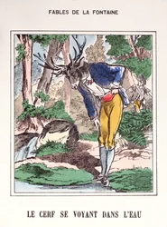 Jelen se vidí ve vodě, z „Fables de La Fontaine“ (barevná rytina)