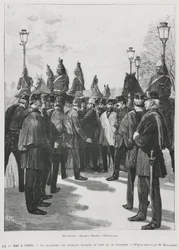 Delegace odborových svazů v Pont de la Concorde během demonstrace k 1. květnu v Paříži, 1. května 1890, rytina L. Moulignie, rytina)