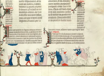 Odchod Rebeccy s Eliezerem, z Bible Jean de Sy, kolem roku 1355