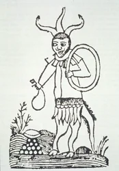 Ďábel ukazuje na skryté poklady, kopie ilustrace z Le Véritable Dragon Rouge, 2. verze, Lille 1521, použitá v Dějinách magie, vydaných koncem devatenáctého století