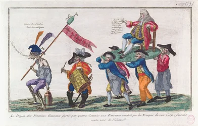 Doyen Fermiers Generaux je nesen svými strážci směrem k Nicotě, 1791 (ručně kolorovaná akvatinta)
