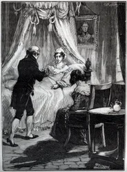 Vévodkyně z Berry (Marie Caroline, princezna ze dvou Sicílie, vévodkyně z Berry (1798-1870) v pevnosti Blay přijímá doktora Louise Charlese Deneuxe (1767-1846) - Rytina -