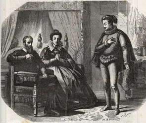 Vévodkyně z Cleves, Mary von Julich, vévodkyně z Juliers a Bergu (1491-1543), se dozvídá o zrušení manželství mezi její dcerou Annou z Cleves (1515-1557) a anglickým králem Jindřichem VIII. (1491-1547) ) r. 1540. Rytina z r. 1871 v „Hist