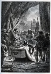 Anglický guvernér Chateauneuf de Randon (Chateauneuf-de-Randon, Auvergne) se vzdal a přišel 13. července 1380 položit klíče od náměstí na rakev Bertranda du Guesclin (1320-1380), před nímž bylo město obléhání. Připojitelná kostka