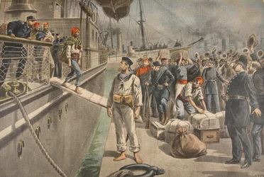 První zajatci na Key West během španělské americké války, ilustrace z Le Petit Journal: Supplement illustre, 8. května 1898