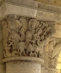 Útěk do Egypta, sloupový reliéf z kostela benediktinského opatství, 13. století