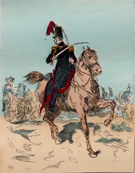 Francouzská armáda za vlády Ludvíka Filipa v letech 1830 až 1848 - Dělostřelectvo a kůň v baterii - Rytina z roku 1882 v „Histoire de dix ans: 1830-1840““ Louis-Blanc (1811-1882)