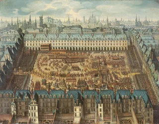 Rytířský turnaj slavných rytířů na Place Royale na oslavu svatby Ludvíka XIII. (1601-43) s Annou Rakouskou (1601-66) 5., 6. a 7. dubna 1612