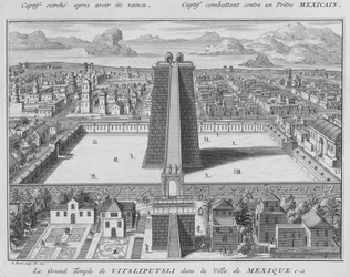 Velký chrám Vitsliputsli v Mexico City, ilustrace z Náboženských obřadů a zvyků, vyryl Bernard Picart (1673-1733) 1722
