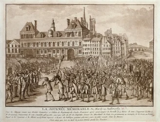 Hlavy Launay a Flesselles se promenádovaly před Hotel de Ville, 14. července 1789
