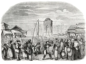 Pochod nevinných v Paříži s fontánou - rytina v „Tableau-de-Paris“ od Edmonda Texiera 1852