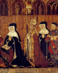 Rodina Jouvenelů z Ursinsů Detail Archeveque (vlevo manželka Jeana Juvenala). Malba na dřevo francouzské školy. 1443-1449. Slunce 1,3x3,5 m Paříž, národní muzeum středověku, Thermes de Cluny