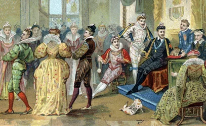 Francouzský král Jindřich III. (1551-1589) obklopuje své miláčky. Chromolitografie konce 19. století