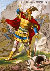 Rytíř Roland rozeznívá v Roncesvaux olifant. Roland, velitel zadního voje armády Karla Velikého, byl 15. srpna 778 překvapen Basky. Poté zatroubil na roh, příliš pozdě, aby mu král mohl pomoci. Chromolitografie ze série Pa