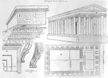 Maison Carree, ilustrace z Discours historial de lantique et llustrious cite de Nismes od Jean Poldo dAlbenas, vydané v roce 1560
