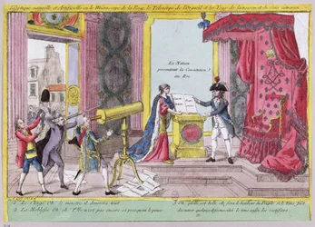 Mikroskop hněvu, dalekohled pýchy a oči rozumu a zdravého rozumu, karikatura reakce šlechty a duchovenstva na francouzskou ústavu, cca 1791.