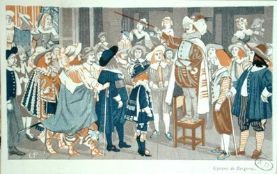 Řeč nosu v Hotel de Bourgogne, ilustrace z „Cyrano de Bergerac“ od Edmonda Rostanda (1868-1918) kolem roku 1905 (barevné lito)