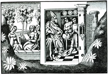 Starý muž z hory, který dává rozkazy svým následovníkům, z Cesty Marca Pola, zkopírované Albertem Coinchonem († 1871) z původního rukopisu