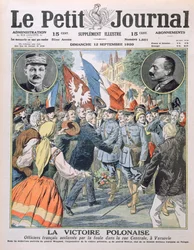 Polské vítězství, francouzští důstojníci oslavovaní davem na Hlavní ulici ve Varšavě, ilustrace na obálce Le Petit Journal, 12. září 1920