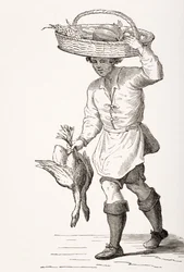 Obchodník s drůbeží, po dřevorytu ze 16. století od Cesare Vecellia (1521-1601) z „Le Moyen Age et La Renaissance“ od Paula Lacroixe (1806-84) publikovaném v roce 1847