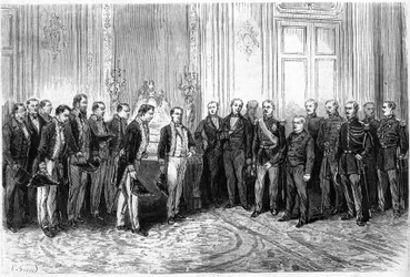 Prezident Francouzské republiky Adolphe Thiers (1797-1877) přijal japonské velvyslance v Elysejském paláci. Rytina v „“ Le Monde Illustré““ č. 821 ze 4. ledna