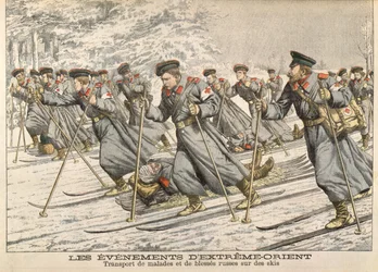 Červený kříž přepravující zraněné Rusy na lyžích během rusko-japonské války (1904-05) z Le Petit Journal, kolem roku 1904