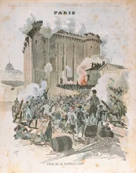 Obléhání a dobytí Bastily 14. července 1789, ilustrace na obálce školního sešitu, cca 1889 (barevná litografie)
