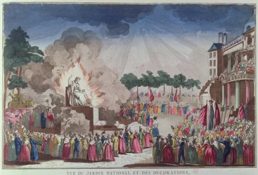 Socha ateismu byla zničena a nahrazena Sochou moudrosti na Festivalu Nejvyšší bytosti, Jardin National des Decorations, Paříž, 8. července 1794