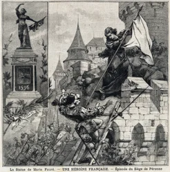 Socha Marie Foure (vlevo): Catherine de Poix, známá jako „Marie Foure“ (16. století), francouzská hrdinka bránící město Peronne v roce 1536 během invaze vojenských jednotek Karla V. V „“Le Petit Parisien““ dne 1.8.1897.