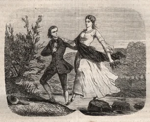 Švýcarský filozof Jean Jacques (Jean-Jacques) Rousseau (1712-1778) pomohl mademoiselle Galley překročit potok. Rytina z roku 1871 v "Histoire Des Cocus Celebres" "od Henry de Kock (1819-1892).