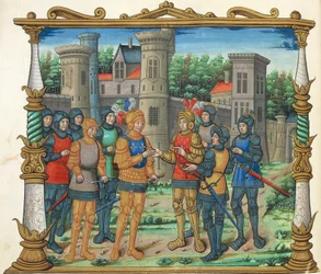 Conflansova smlouva (Conflansův mír) mezi Ludvíkem XI. a vévodou z Burgundska, miniatura z Memoires od Philippa de Comminese, rukopisný folio 32 verso, Francie 16. století.