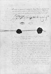 Pyrenejská smlouva, podepsaná kardinálem Julesem Mazarinem (1602-61) a Donem Luisem Mendezem de Haro (1598-1661) 7. listopadu 1659