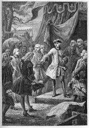Válka o rakouské dědictví (1740-1748) - Velvyslanci Spojených provincií se představili před Ludvíkem XV. v roce 1747 - Válka o rakouské dědictví (1740-48) - Ludvík XV., král Francie a velvyslanec Nizozemska - rytina z ""