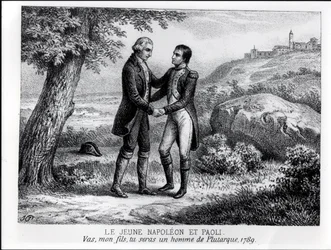 Mladý Napoleon Bonaparte (1769-1821) se setkal s Pasqualem Paolim (1725-1807) v roce 1789, z knihy o Korsice od J.A. Galetti, Paříž, 1863