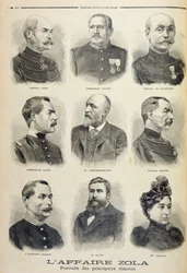 Aféra Zola: portréty hlavních svědků, ilustrace z ilustrované přílohy Le Petit Journal, 27. února 1898 (litho)