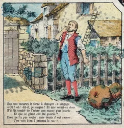 Žalud a dýně. Bajky Jean de La Fontaine (1621-95). Vyobrazení Epinalu z konce 19. století.
