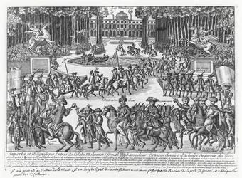 Příjezd Mehmeda Celebiho Efendiho, velvyslance tureckého sultána Ahmeda III., do Tuileries, kde ho v roce 1721 přijal Ludvík XV (rytina)
