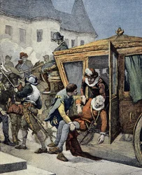 Atentát na Jindřicha IV. dne 14/05/1610. Obálka "Le Petit Français Illustré" z 12/05/1900.
