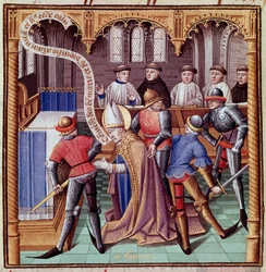Zavraždění Thomase Becketa v roce 1170 (Zavraždění svatého Tomáše z Canterbury). Miniatura z 