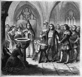 Křest Johna (Jehana) Anga (1488-1551), budoucího mořeplavce, v kostele Saint Remi v Dieppe. Rytina z let 1865-1866.
