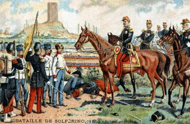 Bitva u Solferina (Itálie) mezi francouzsko-sardinskou (vítězové) a rakouskou (poraženou) armádou v roce 1859. Chromolitografie 19. století.