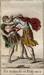 Bratři Eteoklés a Polyneikés, synové Oidipa, se navzájem zabíjejí. Z díla „Mythologie de la jeunesse“ od Pierra Blancharda, 1803.