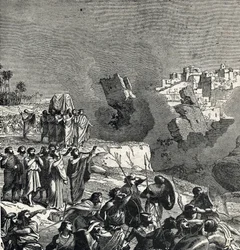 Dobytí Jericha, během kterého Izraelci rozeznívají své trubky pod městskými hradbami, do nichž je jim zakázán přístup, Ce son fait fait les murs de la ville (bitva u Jericha, první bitva Izraelitů při dobytí