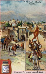 Město Kandahár v Afghánistánu s mullou kázáním války. Reklamní chromolitografie 19. století.