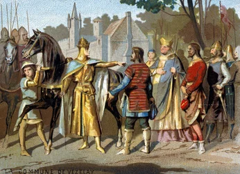 Obec Vezelay (1153): Abbe Pons, hrabě z Nevers a smírčí soudci z Vezelay před Ludvíkem VII. v Moretu, poblíž lesa Fontainebleau, kteří rozhodli o zmizení obce. Chromolitografie řady „“ Vlastenecká výchova