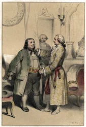 Skladatel Joseph Haydn přijal muže, který ho přišel požádat, aby sestavil jídelní lístek na svatbu jeho dcery. Deska převzata z rytiny „“Scenes de la vie des hommes slavný“““ ve dvou odstínech od Valeria. 1843.