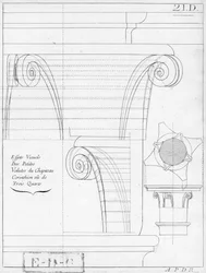 Korintské hlavní město, ilustrace z knihy o geometrii, 18. nebo 19. století, vydané Avec Privilege du Roy et E.. du Gouvernement