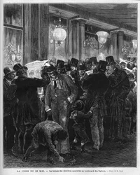Krize 16. května 1877: čtení nejnovějších zpráv na bulváru des Italians v Paříži. Tato francouzská politická krize je výsledkem dopisu Mac Mahona (Mac-Mahon), v němž kritizoval postoj předsedy Rady Julese Simona, který nakonec