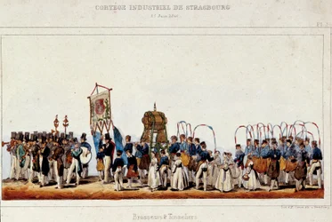 Tanec sládků a bednářů během průmyslového průvodu ve Štrasburku 25.6.1840. Simonova litografie